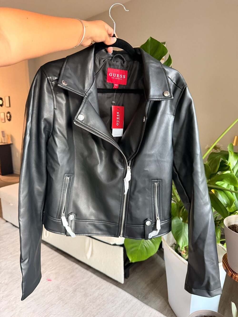 Guess Faux Leather Moto Jacket Size L Black